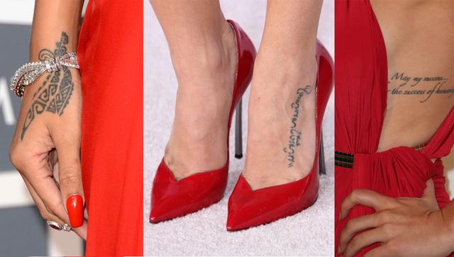 Λεπτομέρειες από τα τατουάζ της ποπ σταρ Ριάνα (αριστερά) και των ηθοποιών Τζίνα Ντέουαν Τατούμ (κέντρο) και Σερίντα Σουάν (δεξιά).