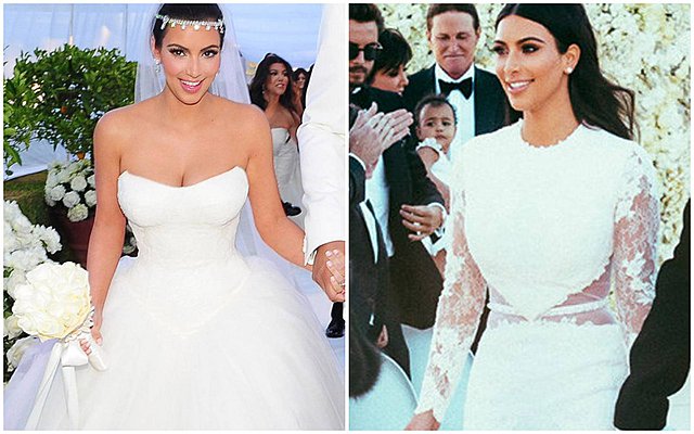 <p>Αριστερά η Kim ντυμένη νυφούλα στο πλευρά του Kris Humphreys το 2011 σε ένα γάμο που κράτησε 73 μέρες και δεξιά στο πλευρό του νυν συζύγου της και πατέρα των τριών παιδιών της, Kanye West. Για την 